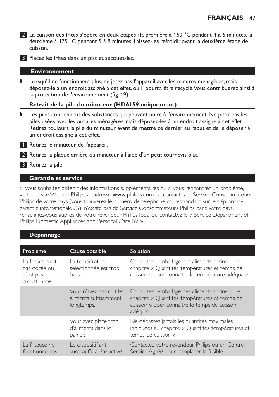 Environnement, Retrait de la pile du minuteur (hd6159 uniquement), Garantie et service | Dépannage | Philips Friteuse User Manual | Page 47 / 100