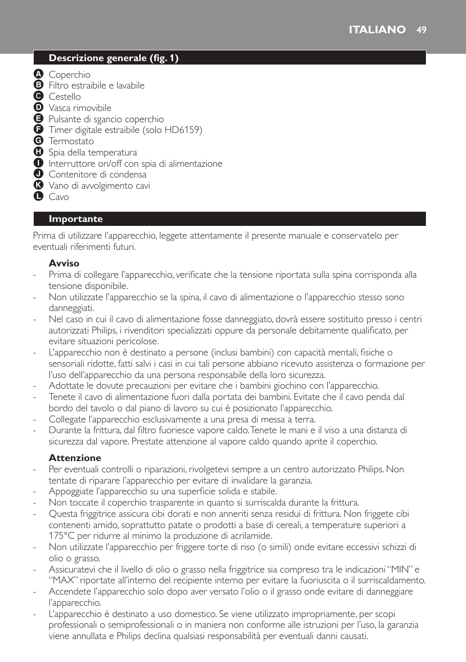 Avviso, Attenzione, Italiano | Descrizione generale (fig. 1), Importante | Philips Friteuse User Manual | Page 49 / 100