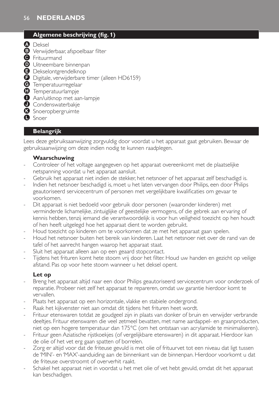 Waarschuwing, Let op, Nederlands | Algemene beschrijving (fig. 1), Belangrijk | Philips Friteuse User Manual | Page 56 / 100