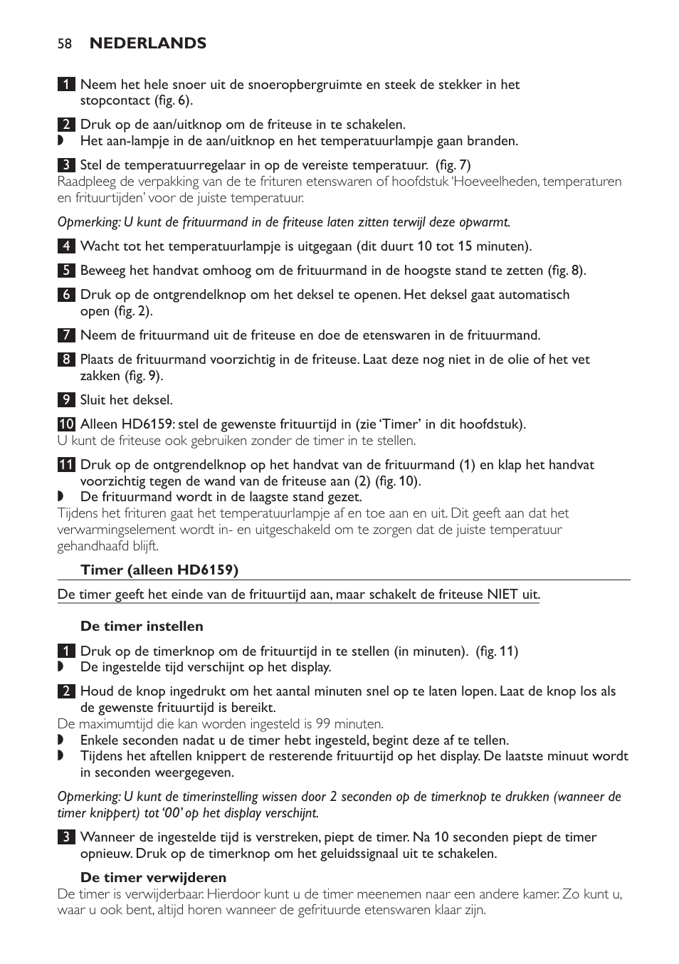 Timer (alleen hd6159), De timer instellen, De timer verwijderen | Philips Friteuse User Manual | Page 58 / 100