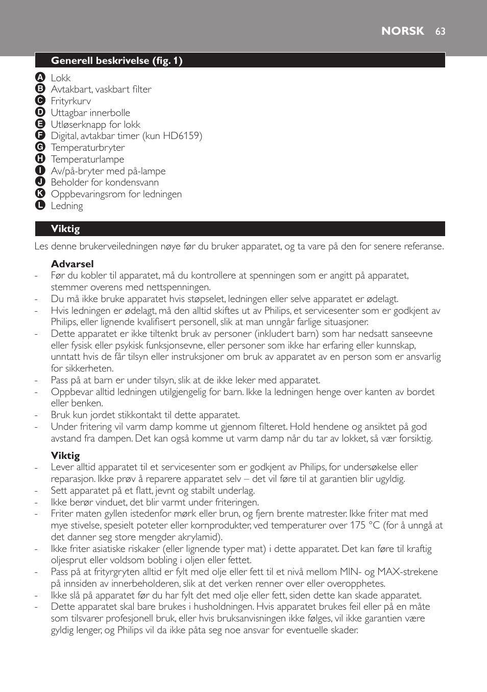 Advarsel, Viktig, Norsk | Generell beskrivelse (fig. 1) | Philips Friteuse User Manual | Page 63 / 100