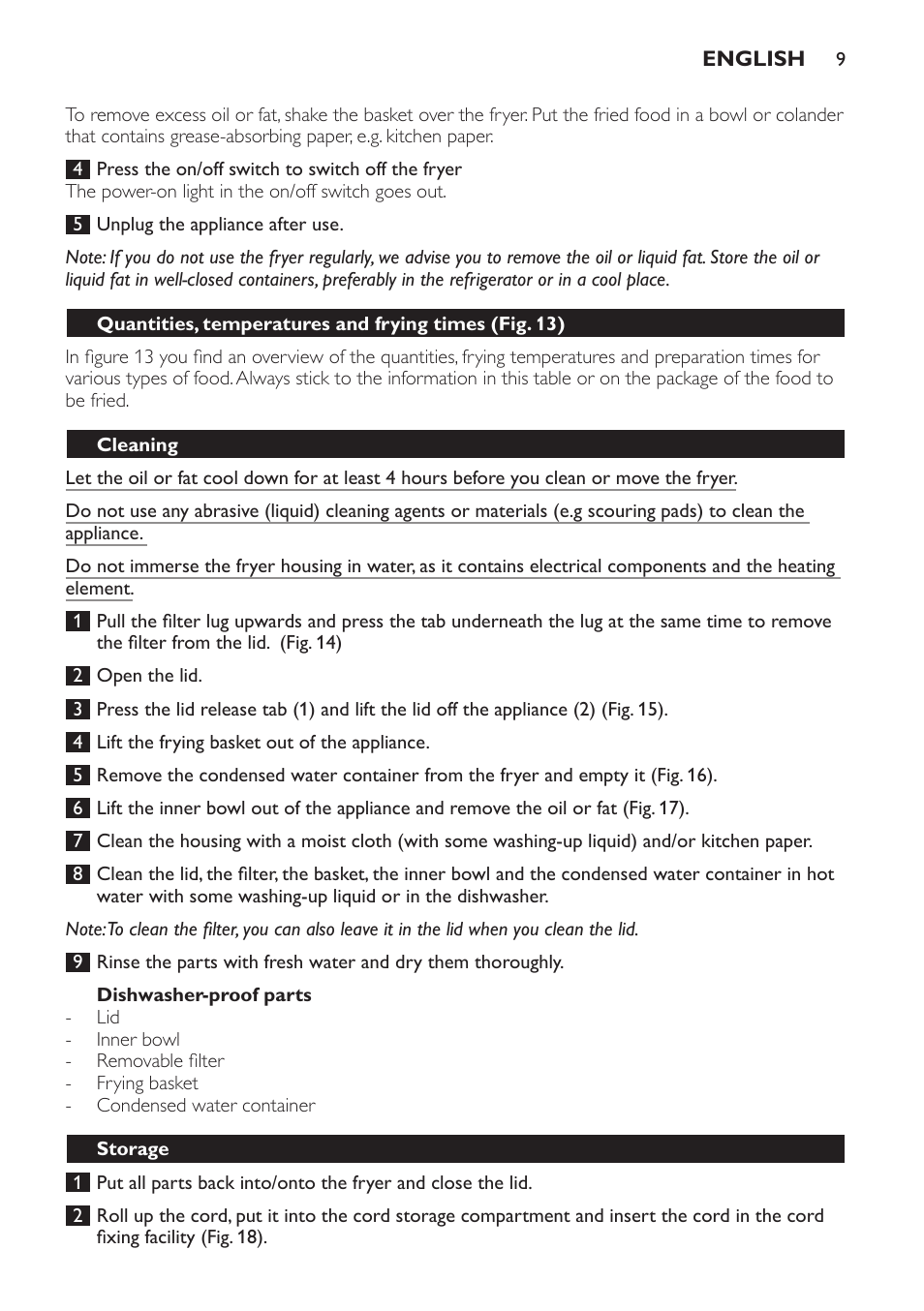 Dishwasher-proof parts, Cleaning, Storage | Philips Friteuse User Manual | Page 9 / 100