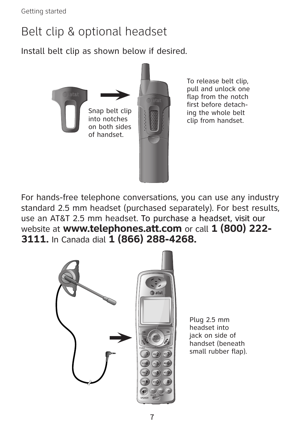 Belt clip & optional headset, Install belt clip as shown below if desired, Or call | AT&T E3813B User Manual | Page 10 / 69