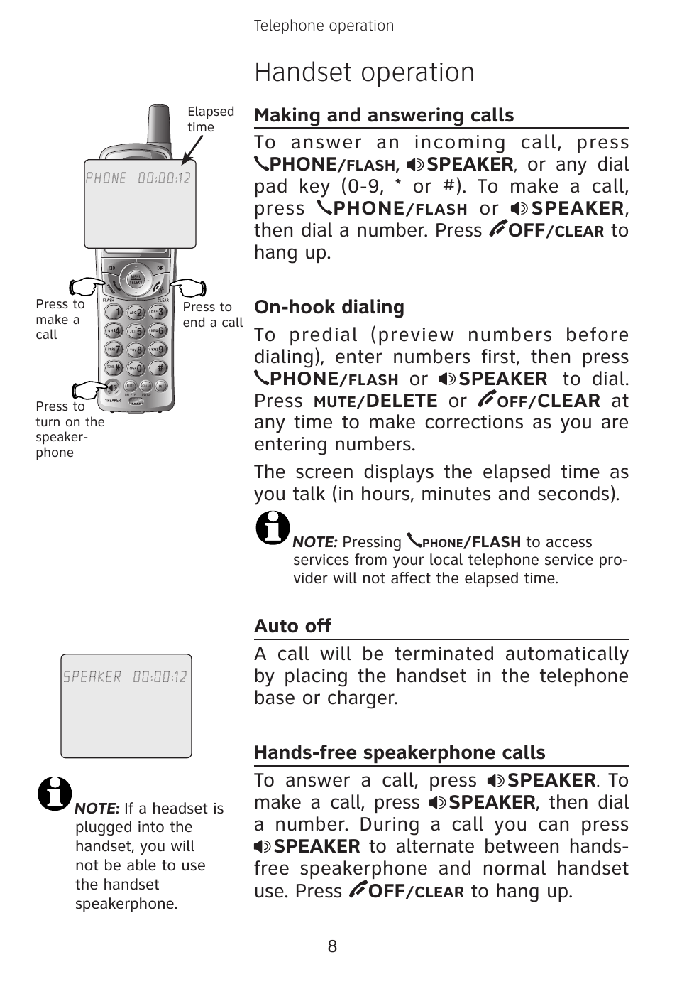 Handset operation, Speaker, Or speaker , then dial a number. press off | Or speaker, Delete or | AT&T E3813B User Manual | Page 11 / 69