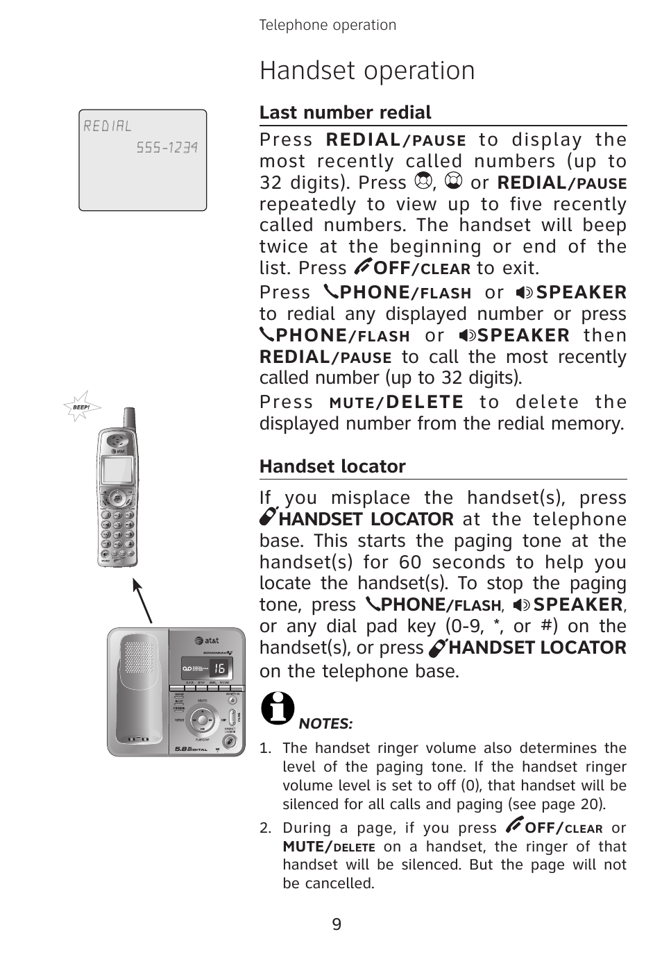 Handset operation, Last number redial press redial, Or speaker then redial | Speaker | AT&T E3813B User Manual | Page 12 / 69