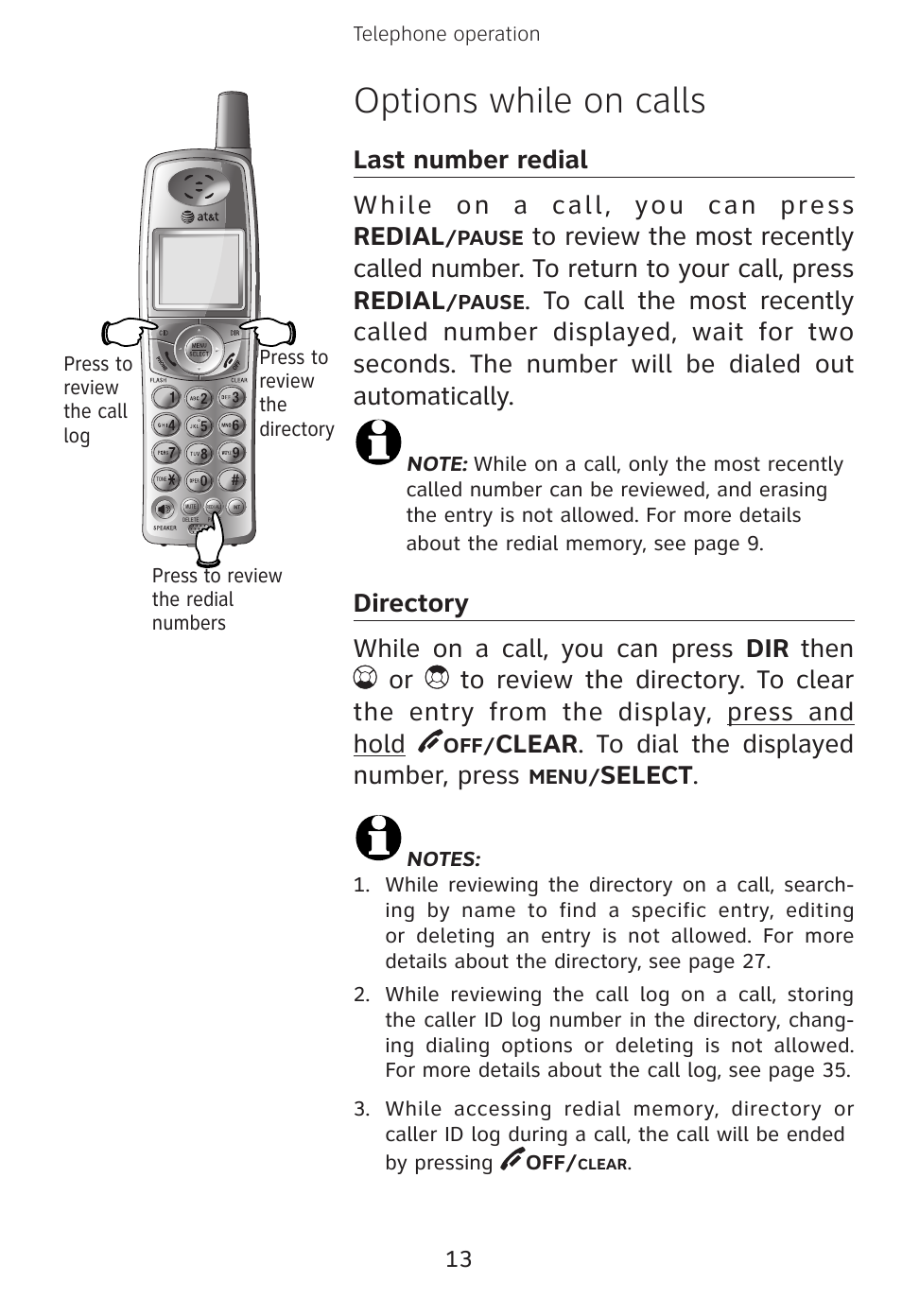 Options while on calls, Clear . to dial the displayed number, press, Select | AT&T E3813B User Manual | Page 16 / 69