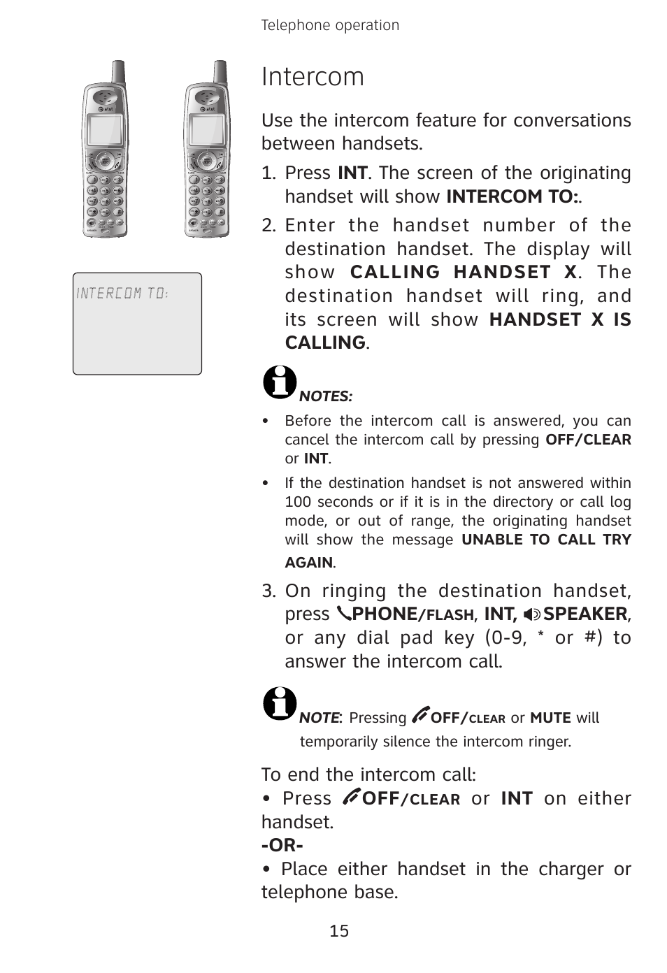 Intercom, On ringing the destination handset, press phone | AT&T E3813B User Manual | Page 18 / 69