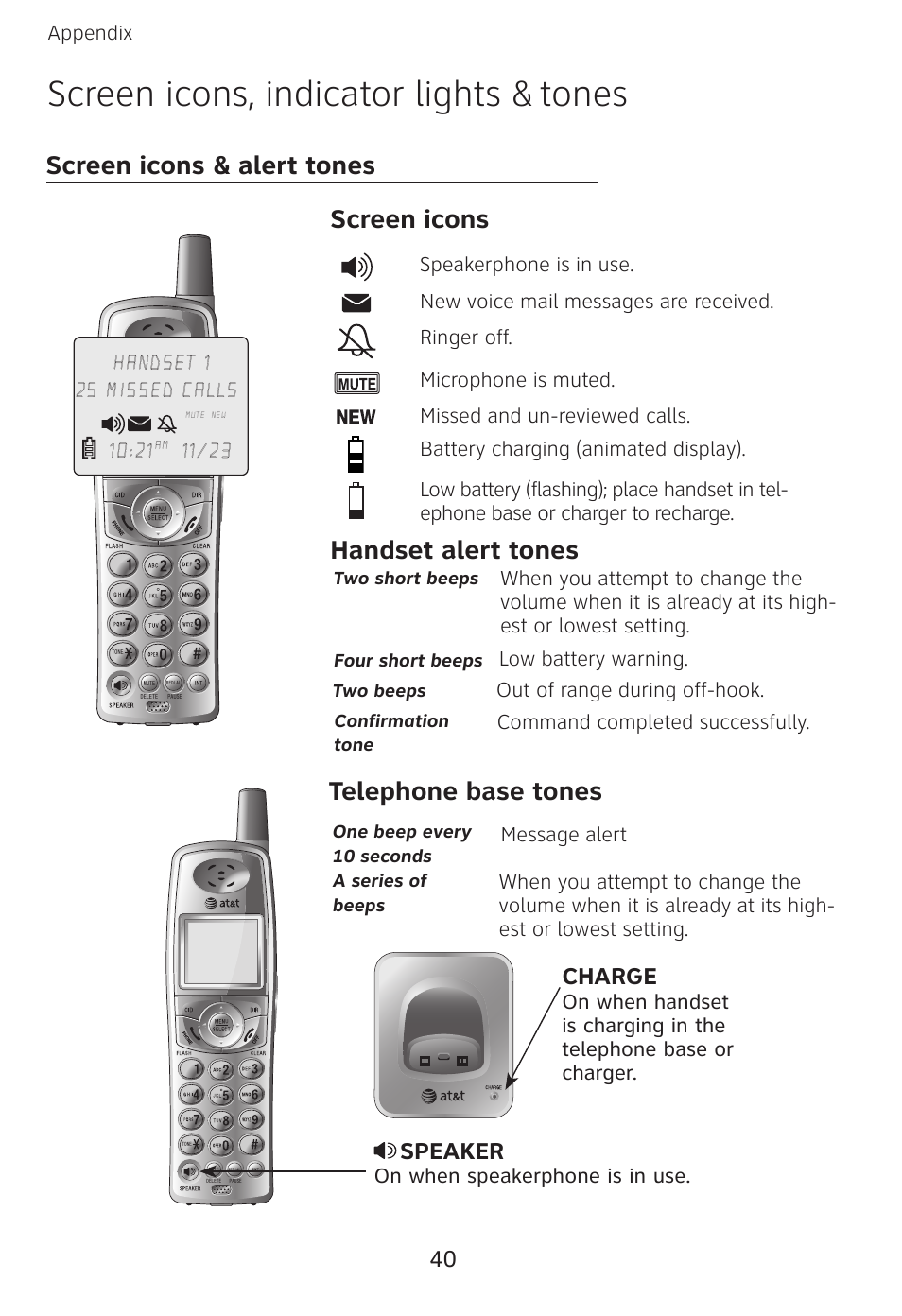 Screen icons, indicator lights & tones, Screen icons & alert tones, Screen icons handset alert tones | Telephone base tones, Charge, Speaker | AT&T E3813B User Manual | Page 43 / 69