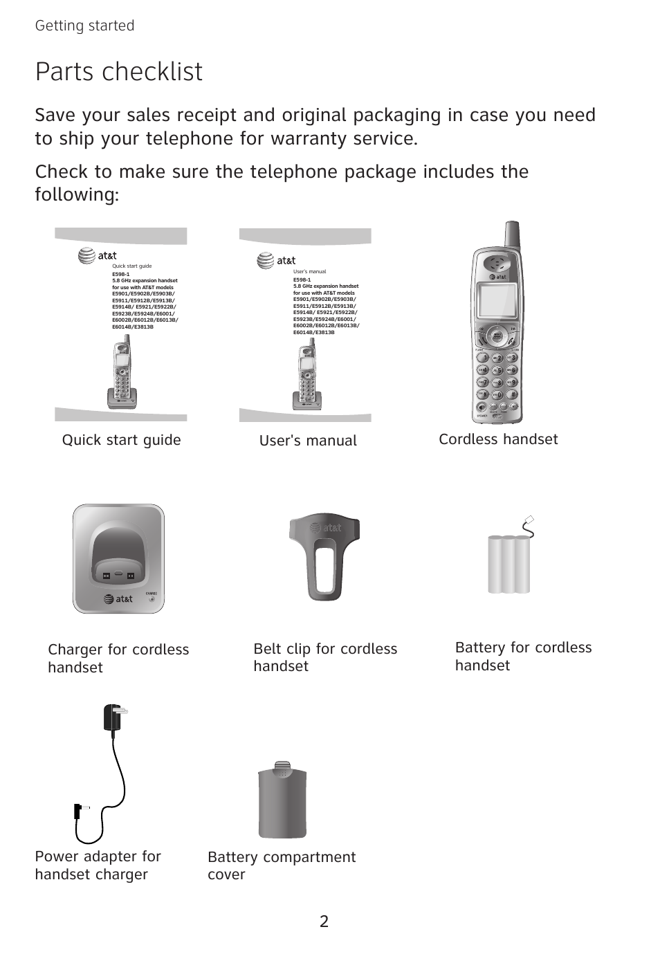 Parts checklist, Getting started, User's manual quick start guide | AT&T E3813B User Manual | Page 5 / 69