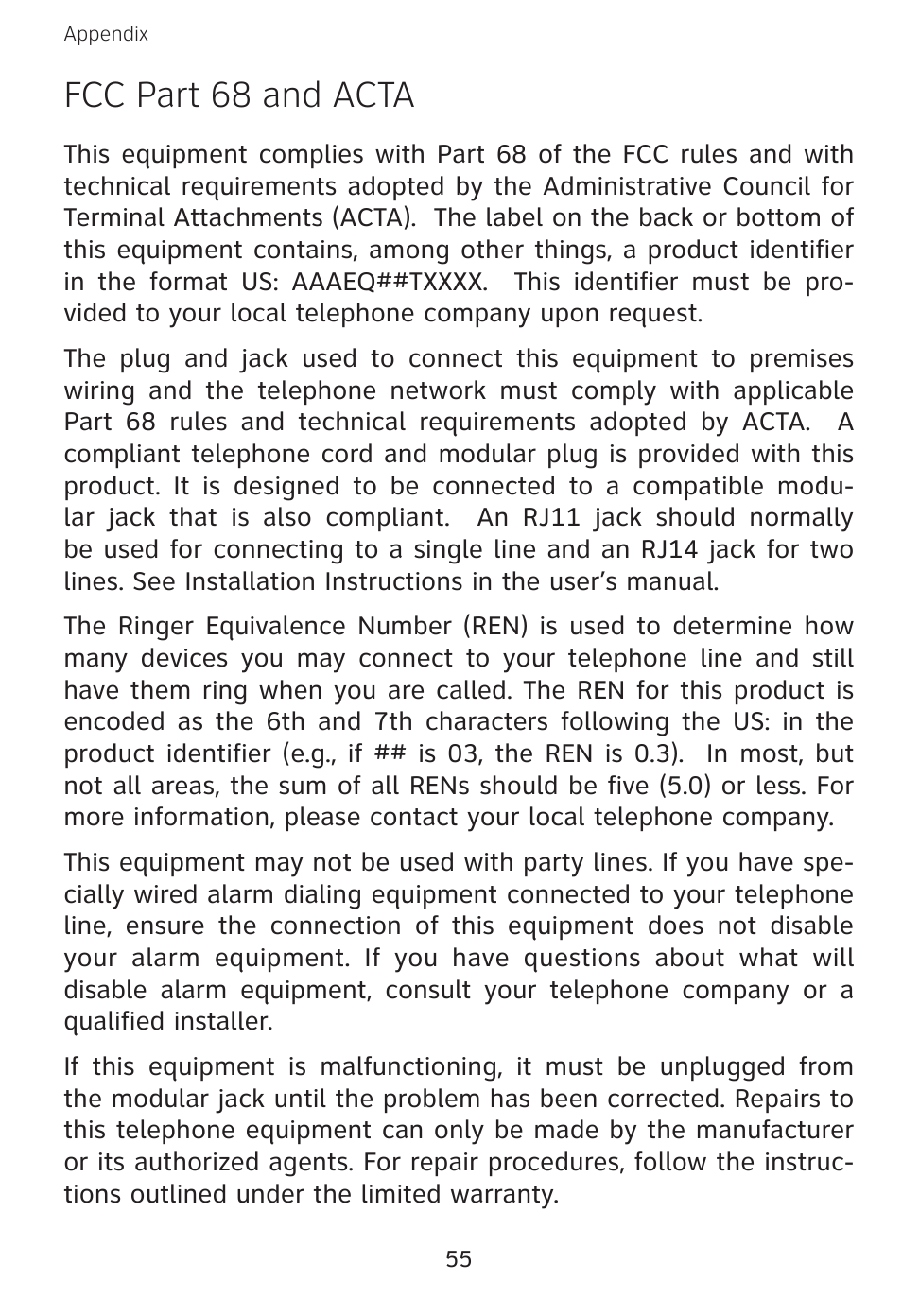 Fcc part 68 and acta | AT&T E3813B User Manual | Page 58 / 69