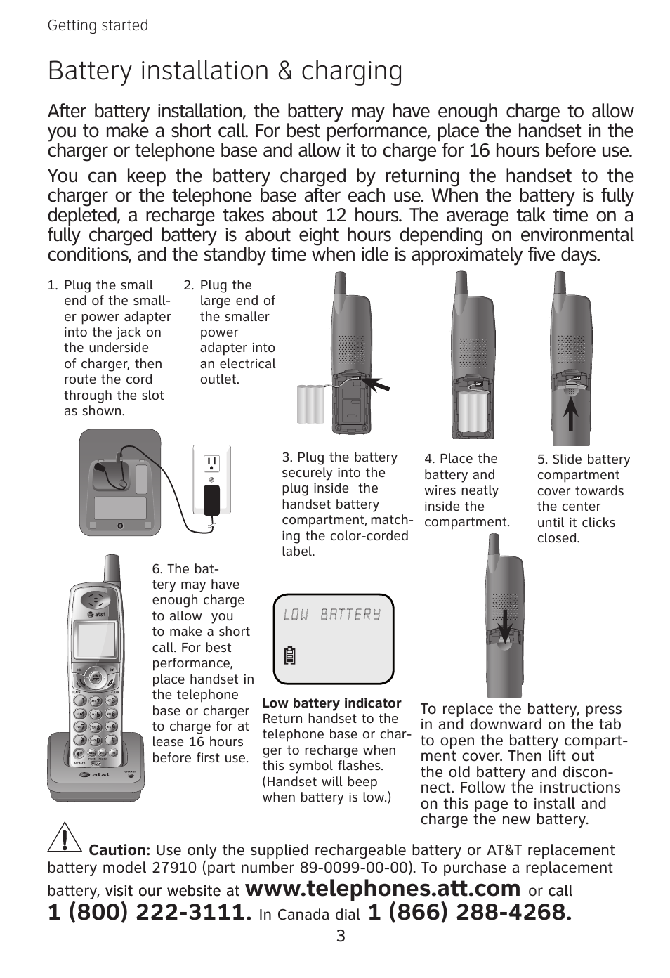 Battery installation & charging | AT&T E3813B User Manual | Page 6 / 69