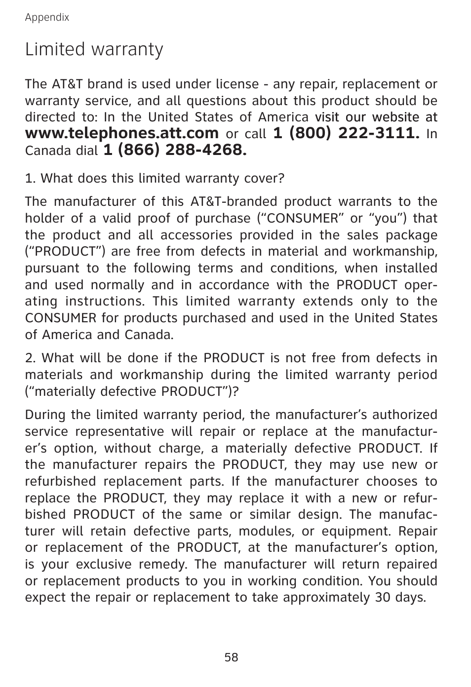 Limited warranty | AT&T E3813B User Manual | Page 61 / 69