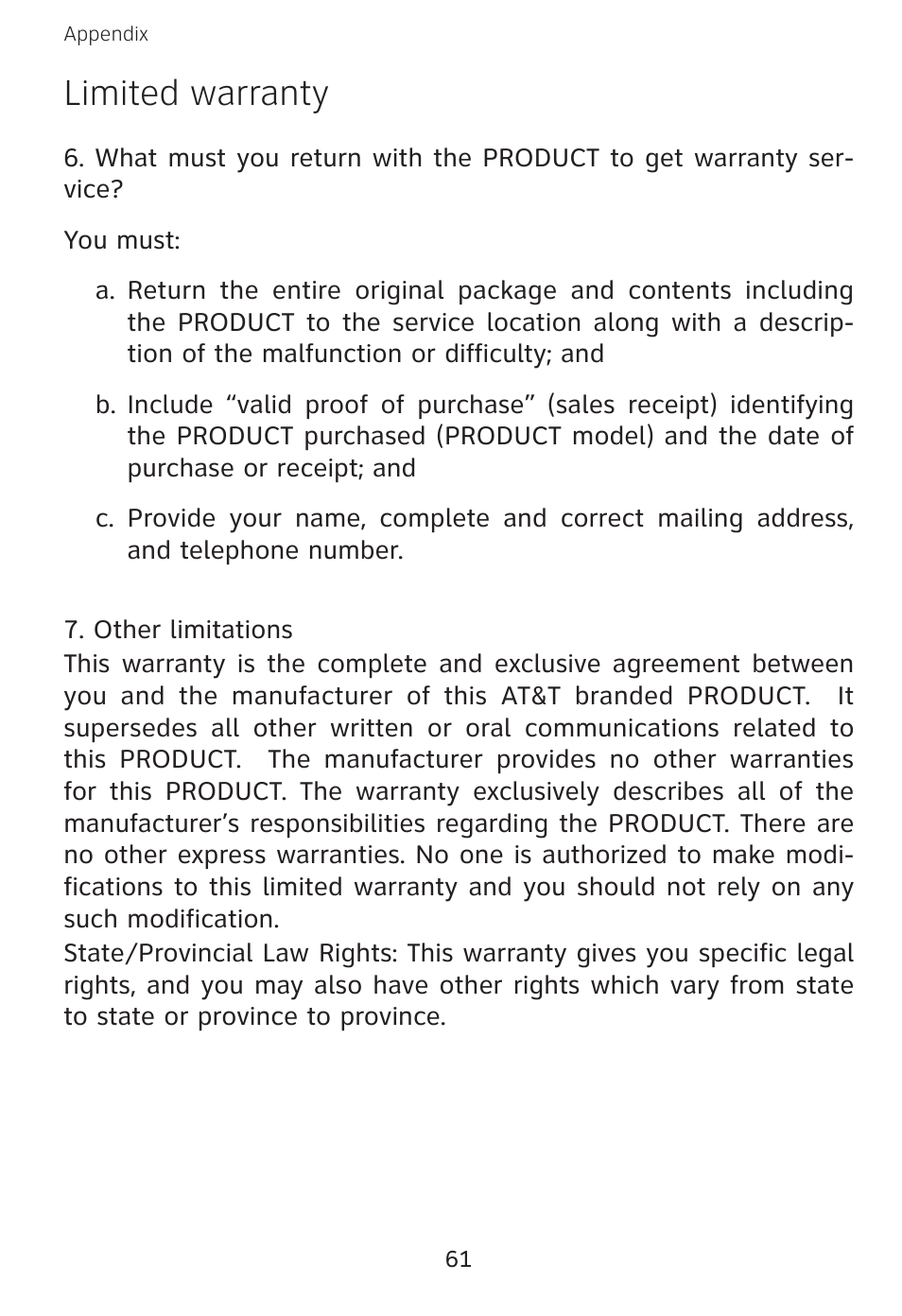 Limited warranty | AT&T E3813B User Manual | Page 64 / 69