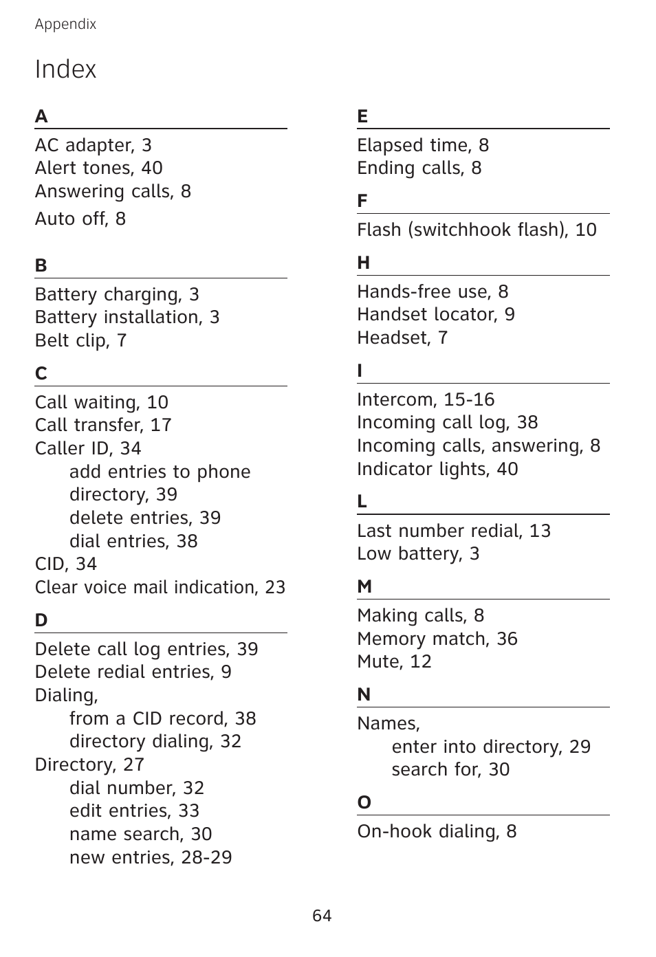 Index | AT&T E3813B User Manual | Page 67 / 69
