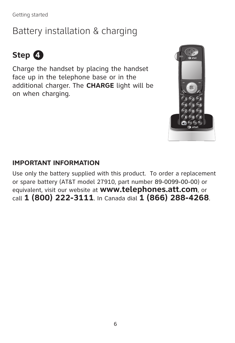 Battery installation & charging, Step 4 | AT&T TL 74208 User Manual | Page 10 / 41