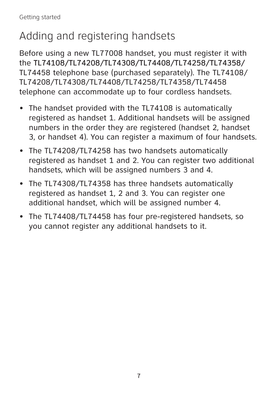 Adding and registering handsets | AT&T TL 74208 User Manual | Page 11 / 41