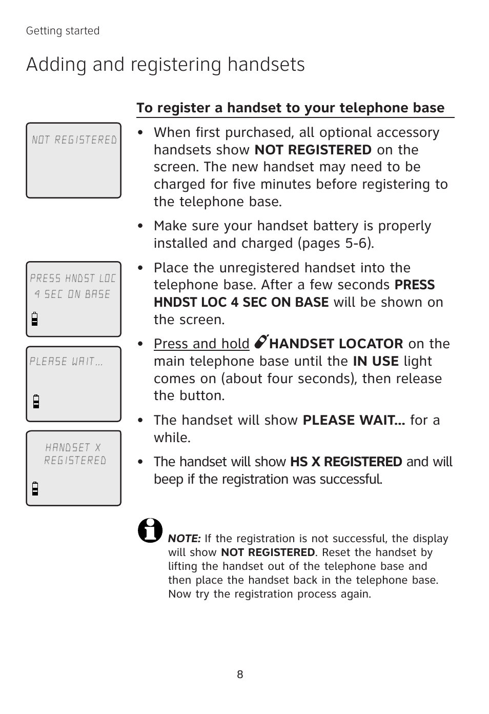 Adding and registering handsets | AT&T TL 74208 User Manual | Page 12 / 41