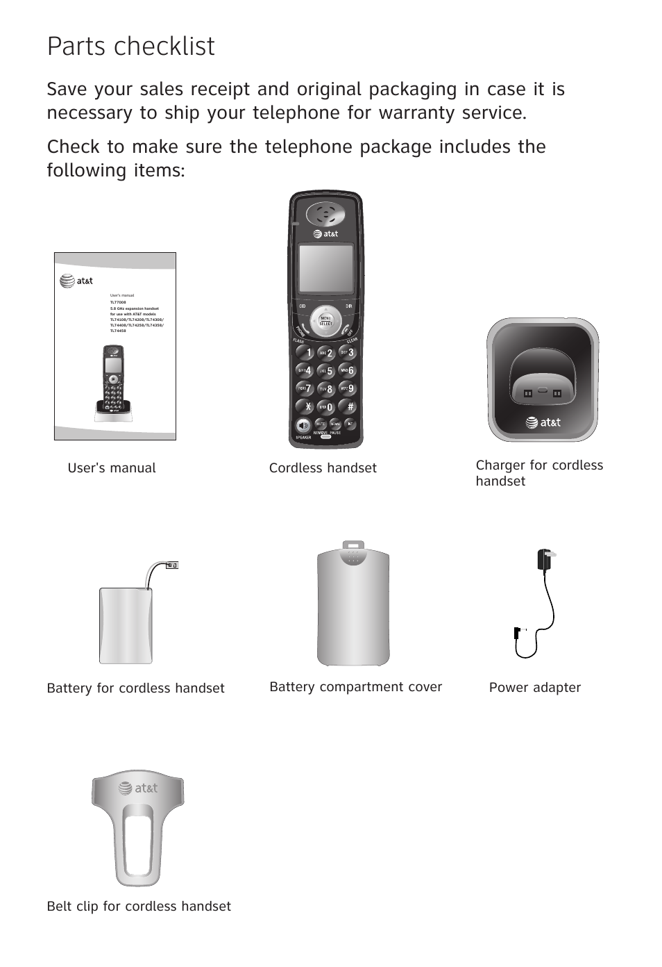 Parts checklist | AT&T TL 74208 User Manual | Page 3 / 41