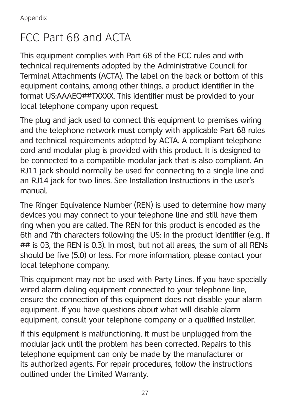 Fcc part 68 and acta | AT&T TL 74208 User Manual | Page 31 / 41