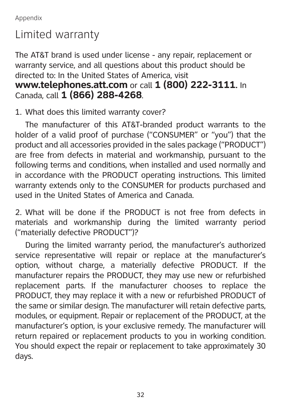 Limited warranty | AT&T TL 74208 User Manual | Page 36 / 41