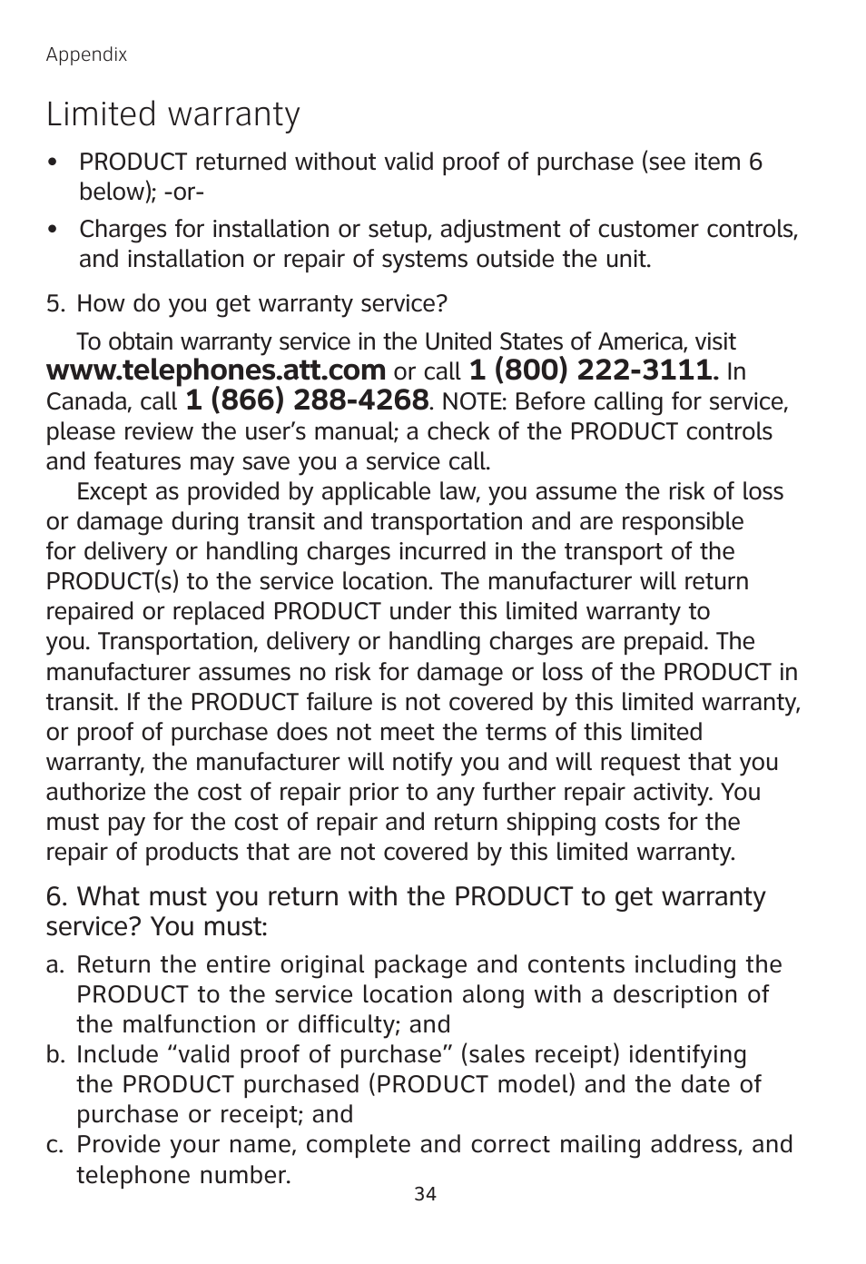 Limited warranty | AT&T TL 74208 User Manual | Page 38 / 41
