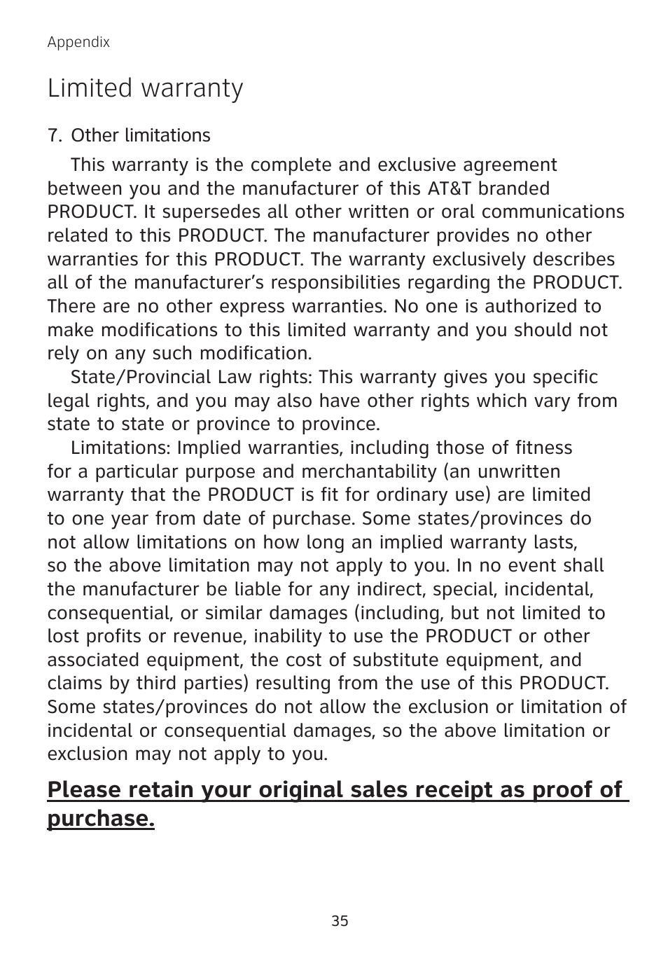 Limited warranty | AT&T TL 74208 User Manual | Page 39 / 41