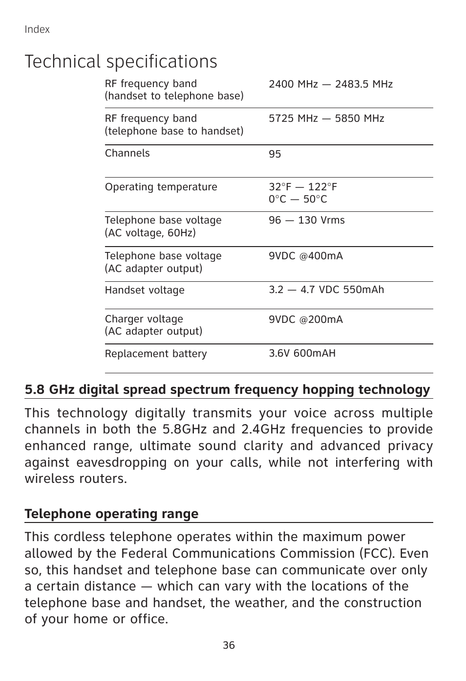 Technical specifications | AT&T TL 74208 User Manual | Page 40 / 41
