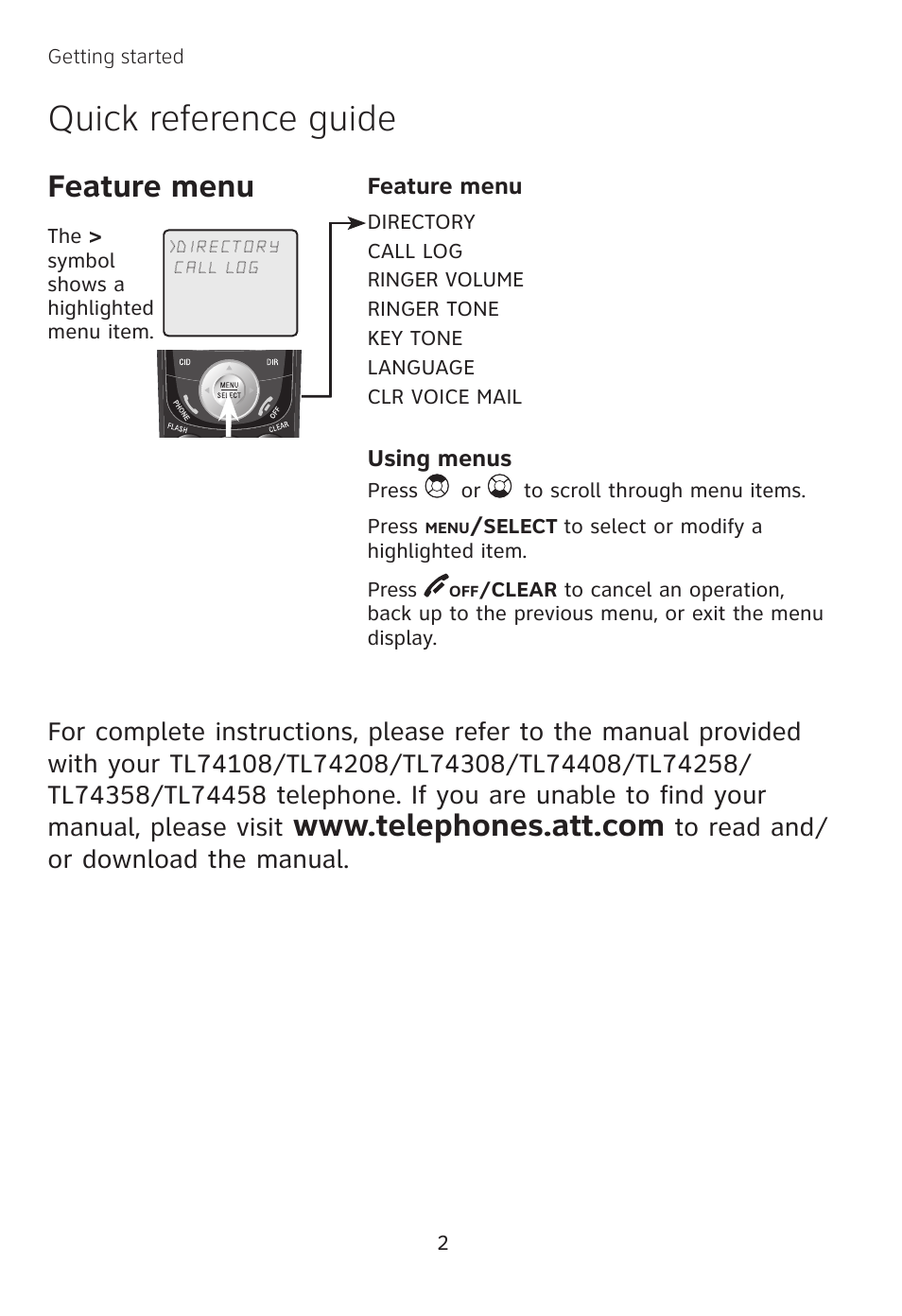 Quick reference guide, Feature menu | AT&T TL 74208 User Manual | Page 6 / 41