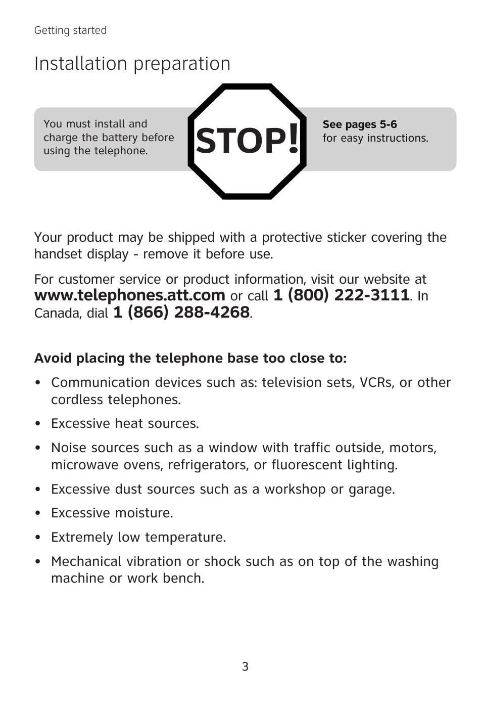 Stop, Installation preparation | AT&T TL 74208 User Manual | Page 7 / 41