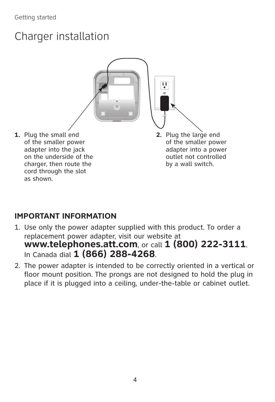 Charger installation | AT&T TL 74208 User Manual | Page 8 / 41