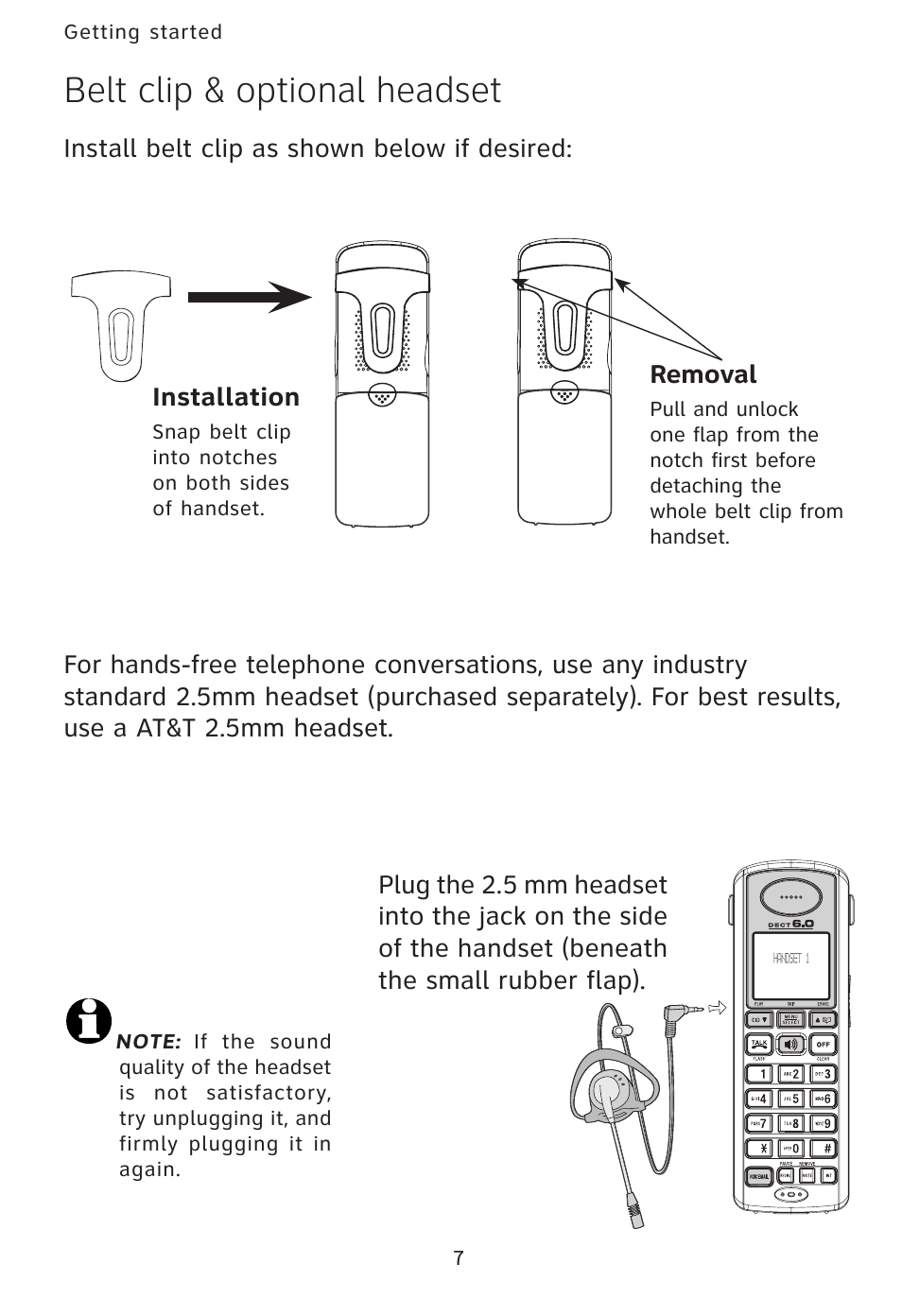 Belt clip & optional headset, Installation, Removal | Getting started 7 | AT&T AT3101 User Manual | Page 10 / 35