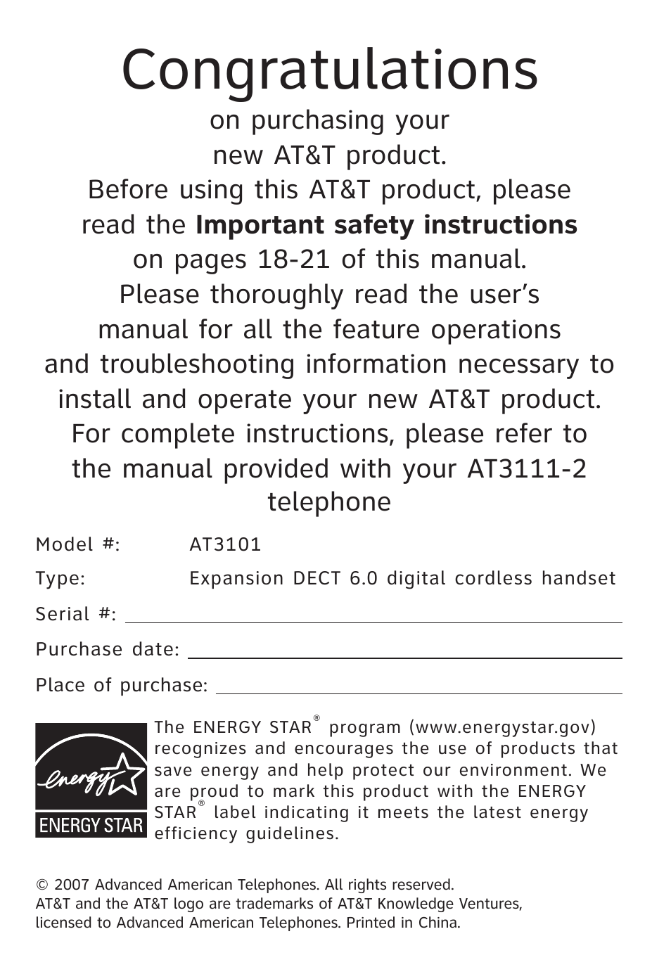 AT&T AT3101 User Manual | Page 2 / 35