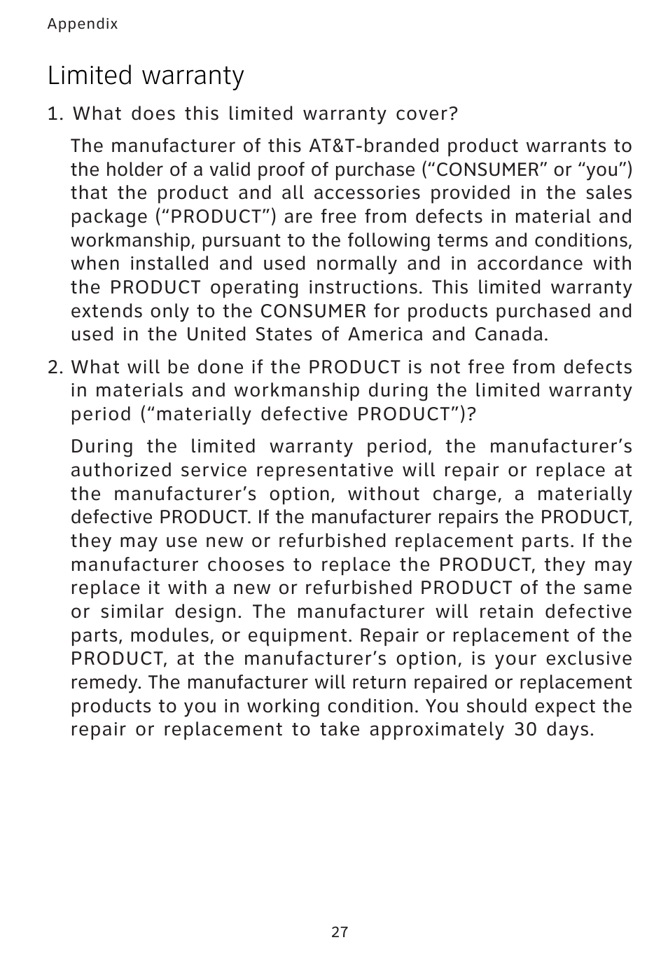 Limited warranty | AT&T AT3101 User Manual | Page 30 / 35