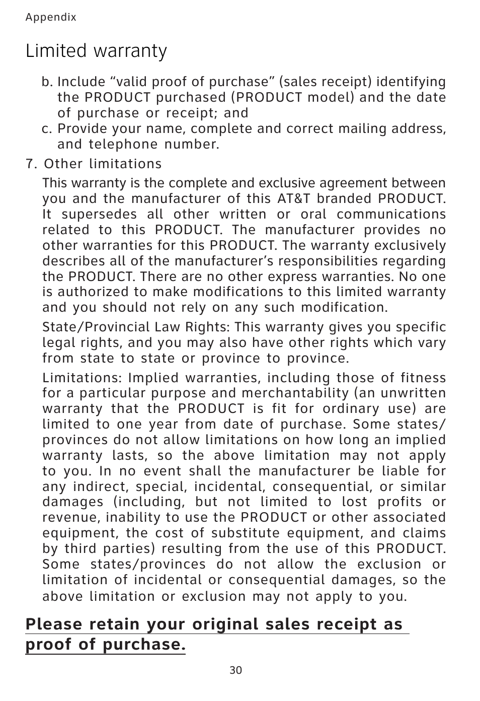 Limited warranty | AT&T AT3101 User Manual | Page 33 / 35