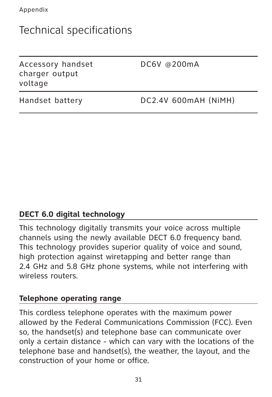 Technical specifications | AT&T AT3101 User Manual | Page 34 / 35
