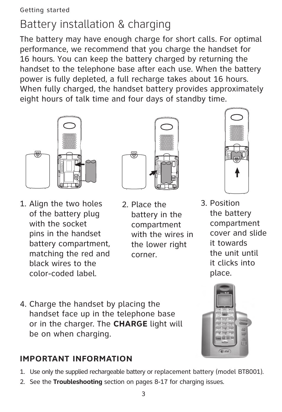 Battery installation & charging, Important information, Getting started 3 | AT&T AT3101 User Manual | Page 6 / 35