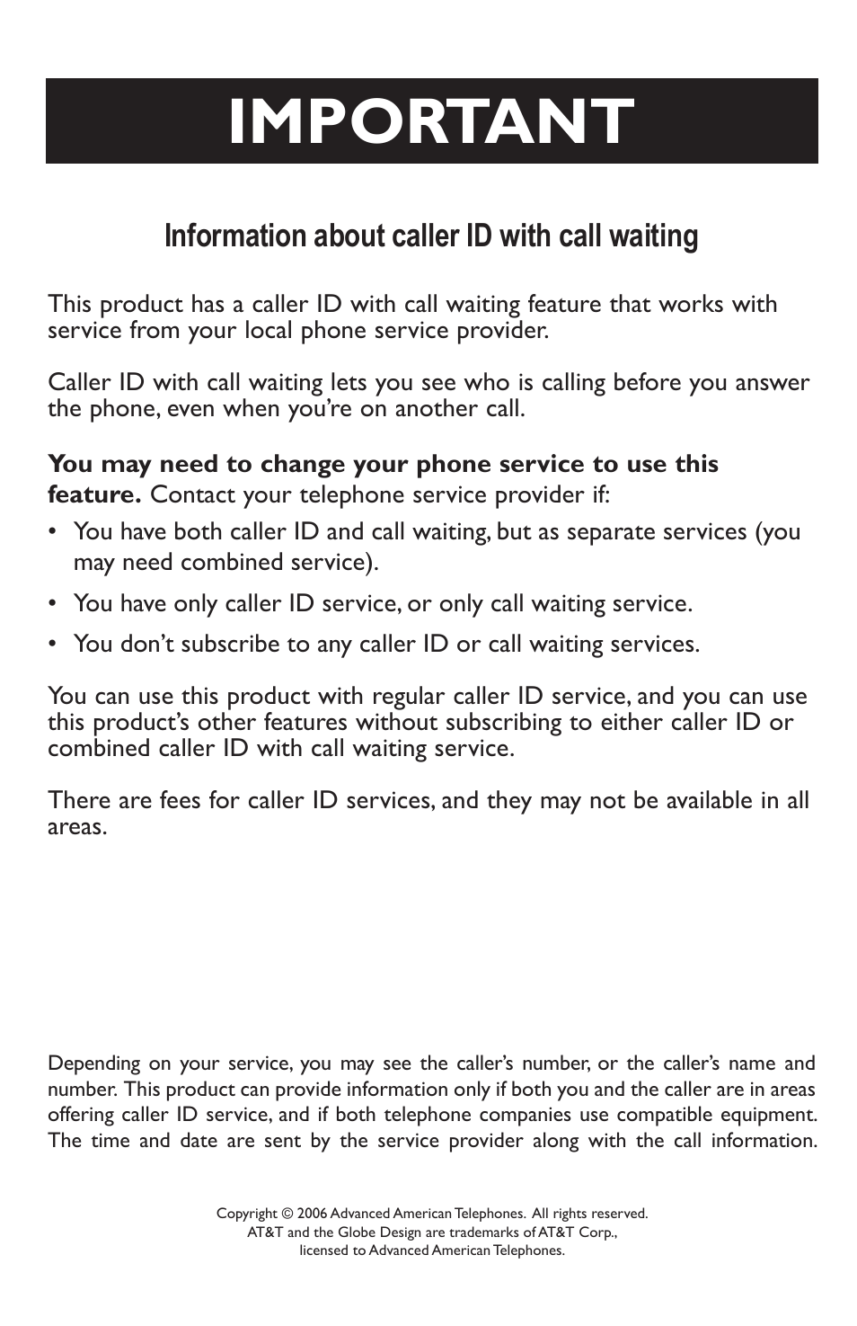 Important, Information about caller id with call waiting | AT&T E5934B User Manual | Page 3 / 64