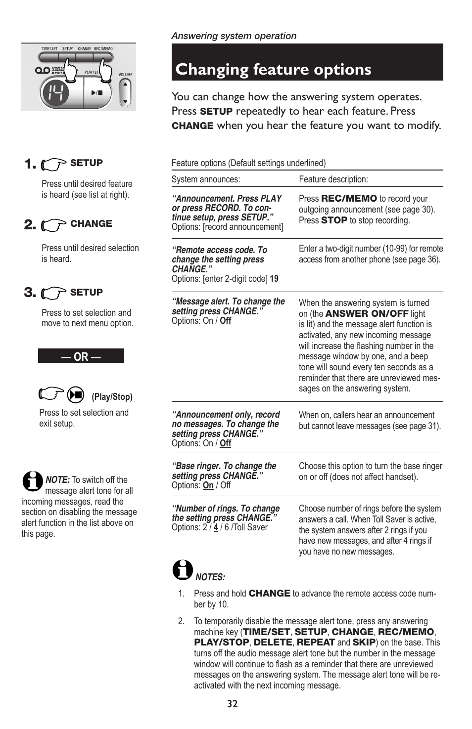 Changing feature options, Repeatedly to hear each feature. press, When you hear the feature you want to modify | AT&T E5934B User Manual | Page 36 / 64