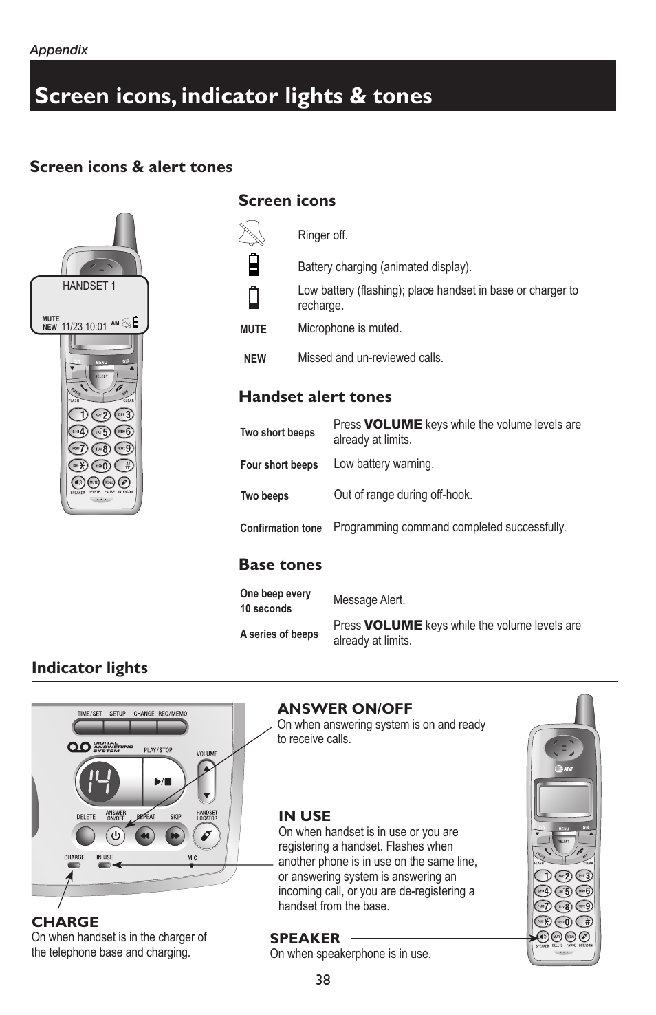 Screen icons, indicator lights & tones, Screen icons & alert tones, Screen icons handset alert tones | Base tones indicator lights | AT&T E5934B User Manual | Page 42 / 64