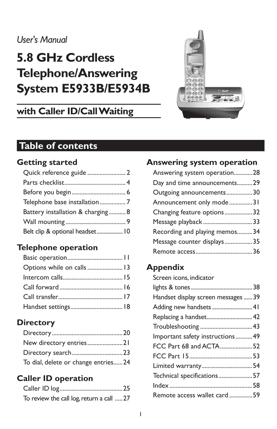 Table of contents user's manual, With caller id/call waiting | AT&T E5934B User Manual | Page 5 / 64