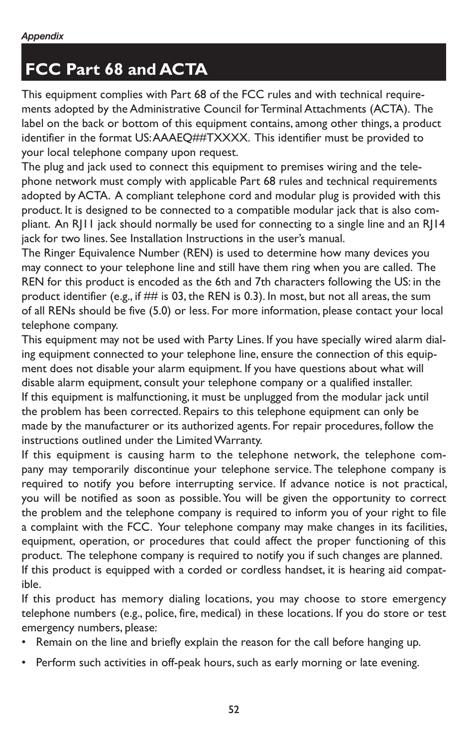 Fcc part 68 and acta | AT&T E5934B User Manual | Page 56 / 64