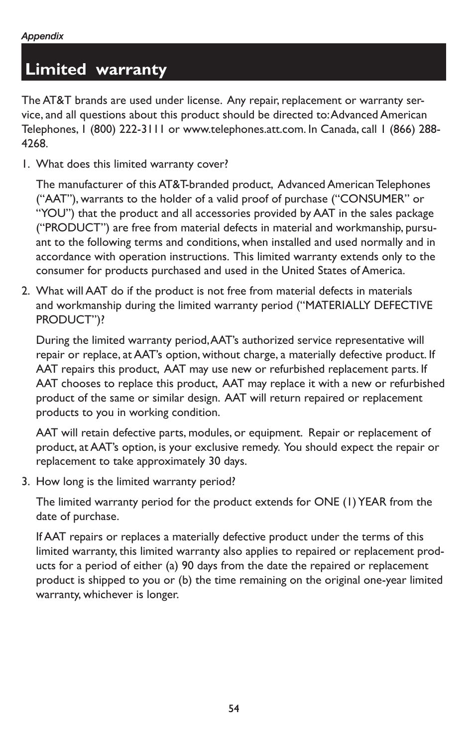 Limited warranty | AT&T E5934B User Manual | Page 58 / 64