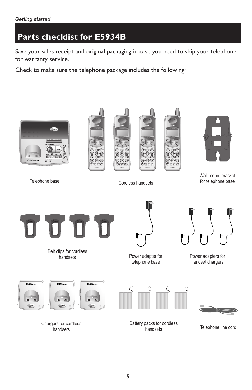 Parts checklist for e5934b | AT&T E5934B User Manual | Page 9 / 64