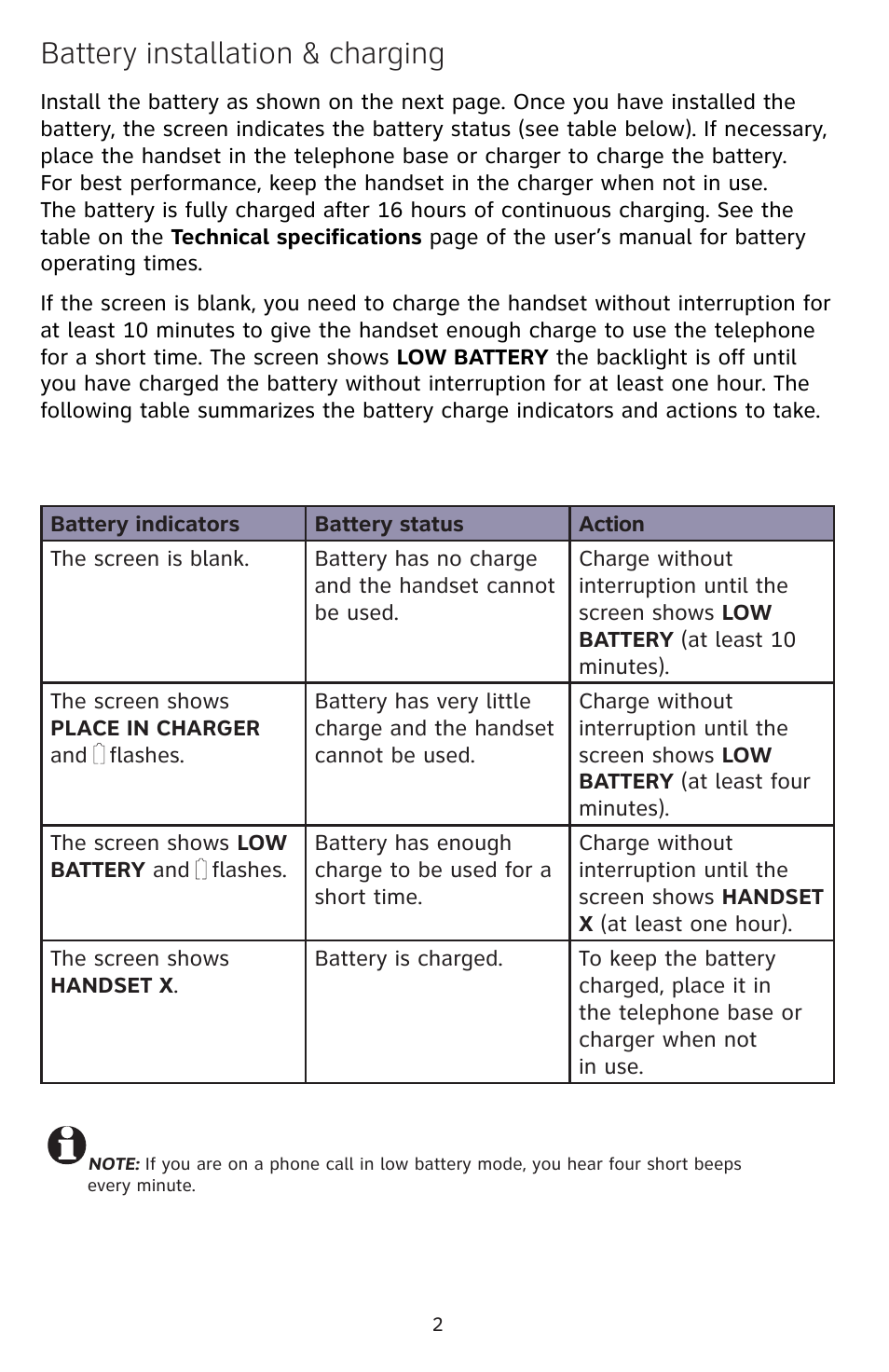 Battery installation & charging | AT&T EL52309 User Manual | Page 3 / 8