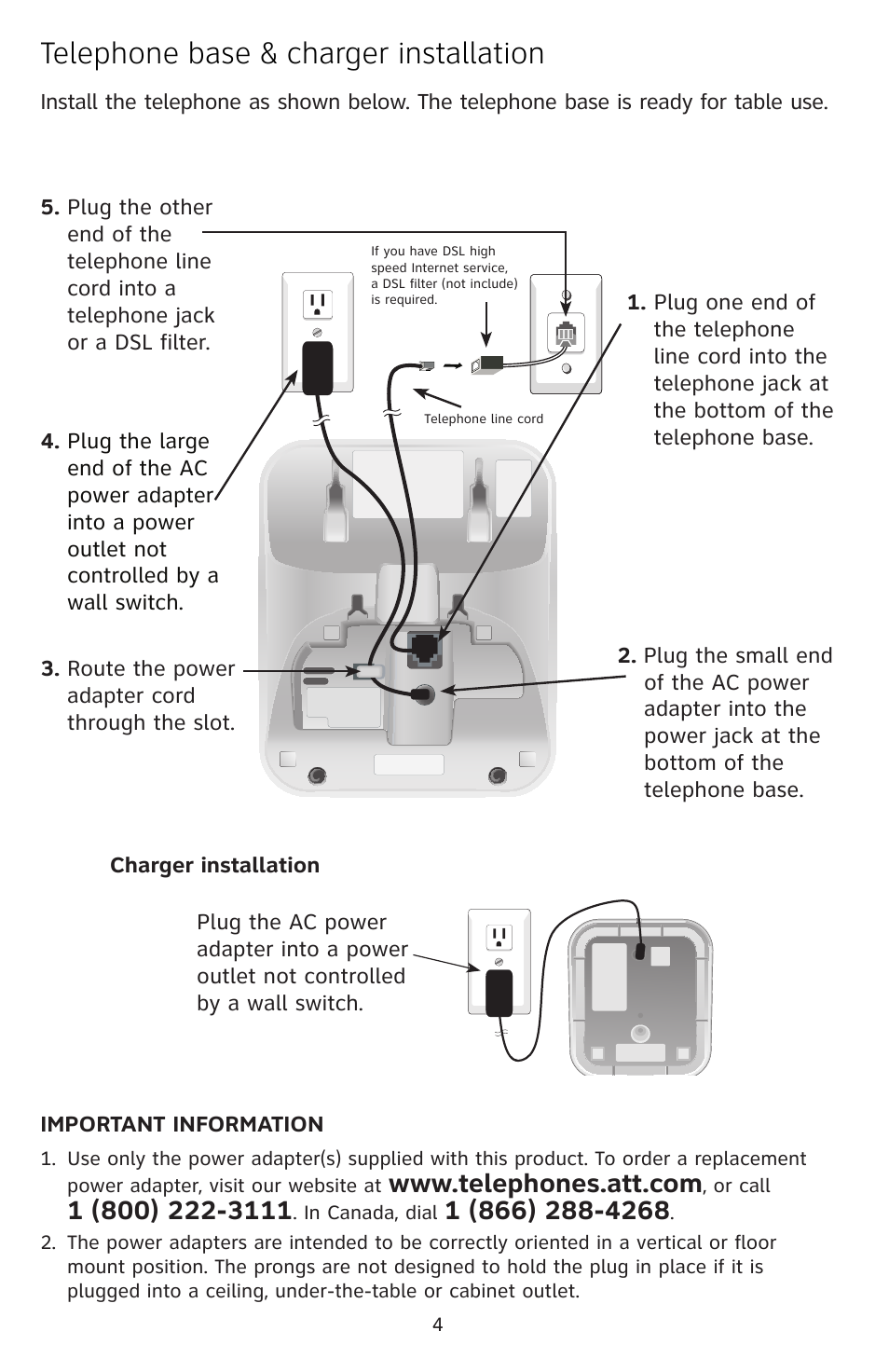 Telephone base & charger installation | AT&T EL52309 User Manual | Page 5 / 8