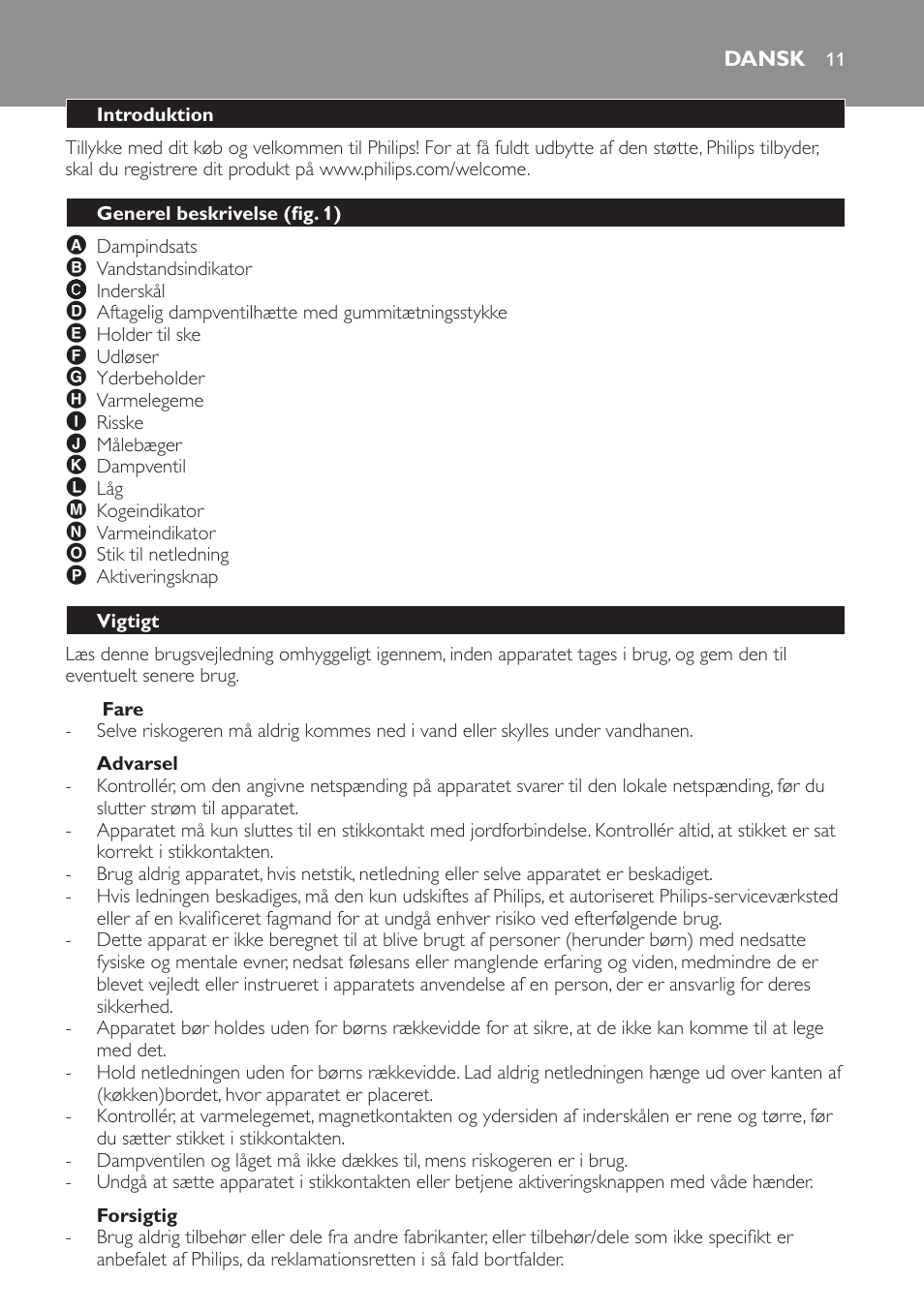 Fare, Advarsel, Forsigtig | Dansk, Introduktion, Generel beskrivelse (fig. 1), Vigtigt | Philips Cuiseur à riz User Manual | Page 11 / 84