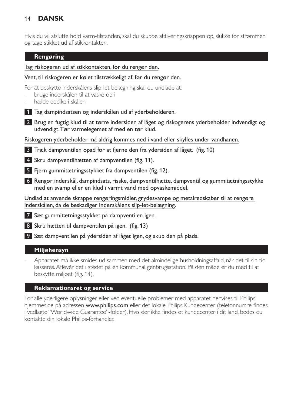 Rengøring, Miljøhensyn, Reklamationsret og service | Fejlfinding | Philips Cuiseur à riz User Manual | Page 14 / 84