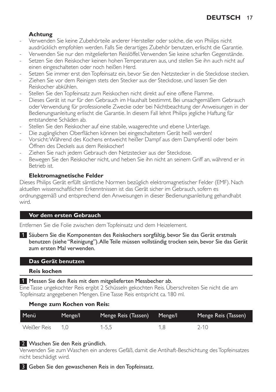 Achtung, Elektromagnetische felder, Vor dem ersten gebrauch | Das gerät benutzen, Reis kochen, Menge zum kochen von reis | Philips Cuiseur à riz User Manual | Page 17 / 84