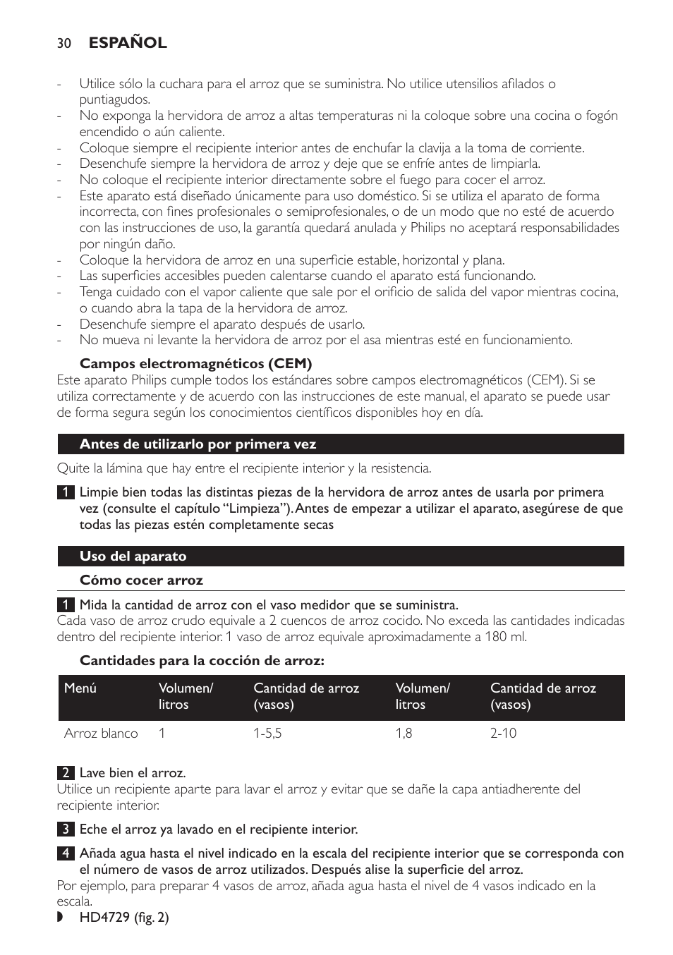 Campos electromagnéticos (cem), Antes de utilizarlo por primera vez, Uso del aparato | Cómo cocer arroz, Cantidades para la cocción de arroz | Philips Cuiseur à riz User Manual | Page 30 / 84