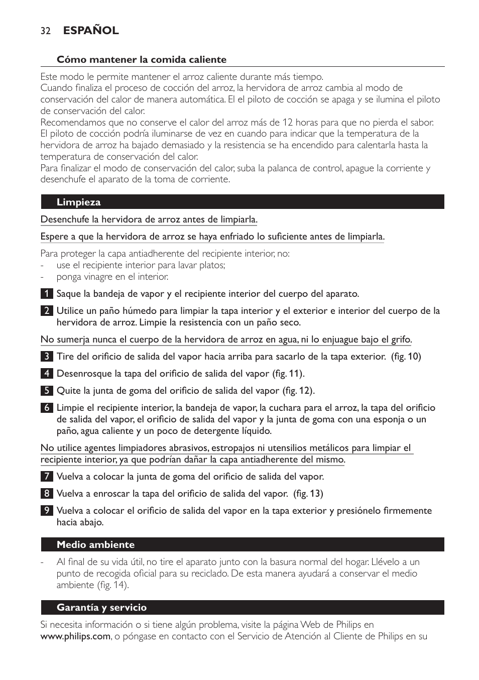 Cómo mantener la comida caliente, Limpieza, Medio ambiente | Garantía y servicio | Philips Cuiseur à riz User Manual | Page 32 / 84